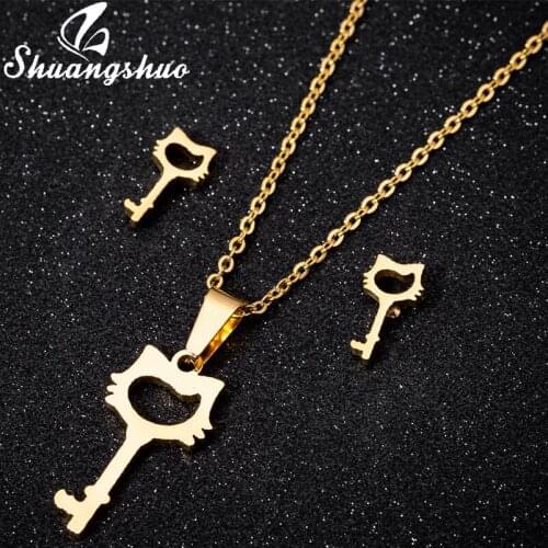 Shuangshuo Romantic Key Necklace for Lover Cat Pendant Jewelry Cat Ket Earrings for Women Gold Stainless Steel Earings Studs