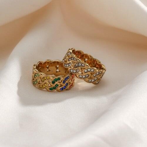 Luxury Colorful Clear 3A Zircon Paved Wide Cuban Chain Index Finger Ring Stainless Steel PVD Plated Wedding Rings For Women