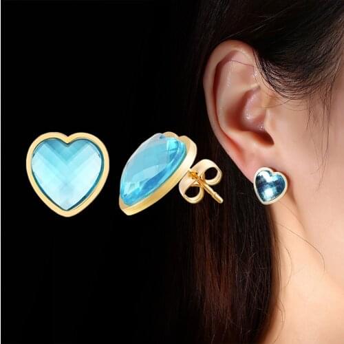 Female Blue Stone Earrings Fashion Stainless Steel Wedding Jewelry Cute Female Big Heart Stud Earrings For Women