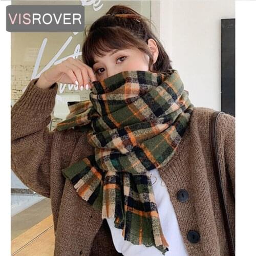 VISROVER Green Checked Winter Scarf For Women Fashion Female Shawl Cashmere Handfeeling Winter Wraps Warm Winter Hijab Gift