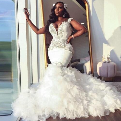 African Mermaid Wedding Dress 2023 Sweetheart Ruffle Royal Train Black Bride Dress Beading Formal Bridal Gown Plus Size Pageant