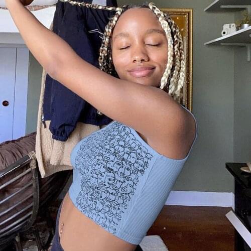 2021 Harajuku Ribbed Tank Tops Sexy Sleeveless Cropped Vest White Blue Slim Fit Printed Tops Women Fashion Summer Clothing