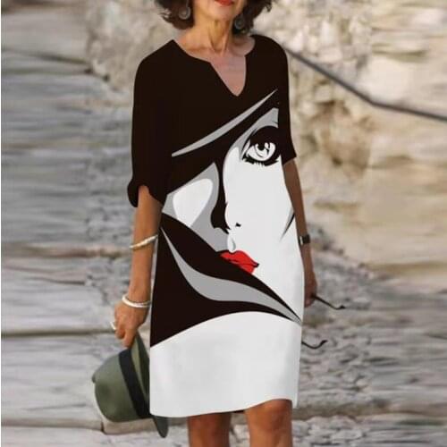 Vintage Face Print Women Dress V-Neck Half Sleeve A-Line Sundress Casual 2021 Summer Female Mini Dresses Loose Ladies Vestidos