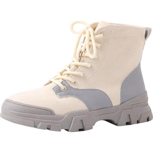 Women Boots 2019 Autumn New Fashion Canvas Mid-Calf boot Lace-Up Round Toe Low Flat with Autumn Martin Boots