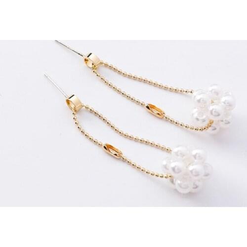New Handwoven Pearl Ball Earrings Female Temperament Korean Style Simple Handmade Flower Chain Tassel Beaded Ear Jewelry 10261