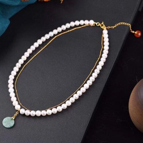 Original Design Natural Freshwater Pearl Beaded Necklace for Women Girls Sterling Silver Double Layer Jade Small Pendant Jewelry