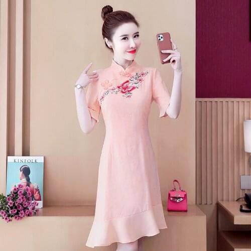 Womens embroidery Embroidered pink dress plus size M-4XL XXL XXXL 3XL XXXXL party Cocktail loose blouse dress fat for 90KG woman