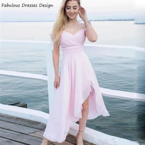 Formal Ankle Length 2020 Prom Dresses Off The Shoulder Split A Line Vestidos Pink Chiffon Long Evening Dress Party For Women