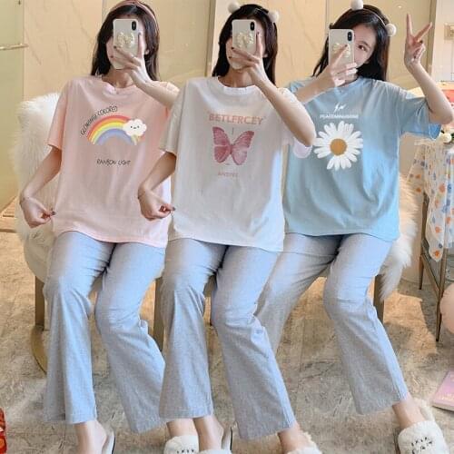 2021 Summer 100% Cotton Short Sleeve Long Pants Pajama Set for Women Cute Cartoon Sleepwear Pyjama Homewear Pijama Mujer Clothes