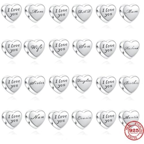 New 925 Sterling Silver I Love You Mom Dad Daughter Son Brother Heart Charm Bead Fit Original Pandora Bracelet DIY Jewelry Women