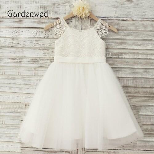 Gardenwed 2020 Lace Cap Sleeve Scoop Neckline A line Tulle Satin Belt primera communion Baby Dress White Flower Girls Gowns