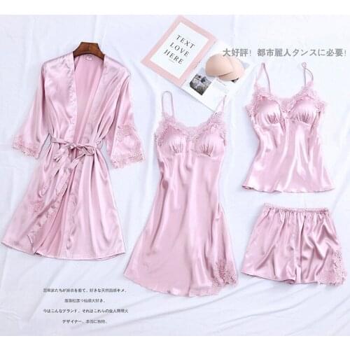 4PCS Pajamas Suit Intimate Lingerie Women Satin Sleepwear Kimono Robe Gown Casual Bride Bridesmaid Wedding Gift Sexy Nightgown