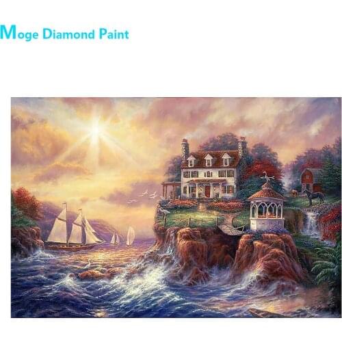 Morning Glow Seaside Cliff House Diamond Painting Oil Scenic Round Full Drill DIY Mosaic Embroidery 5D Cross Stitch Home Decor