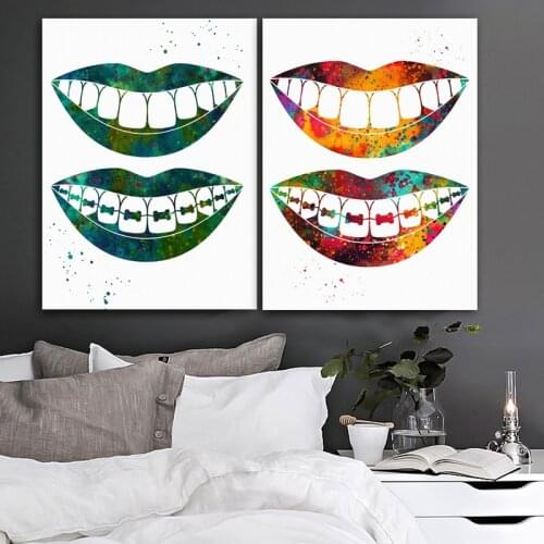 Wall Posters Dentistry Canvas Paintings for Interior Abstract Gold Mouth Lips Teeth Pictures On The Wall Home Room Decoration
