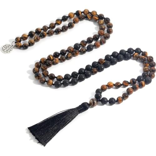 Natural Yellow Tiger Eye & Black Lava Stone Beaded Knotted 108 Mala Necklace Meditation Blessing Semi-Precious Japamala Jewelry