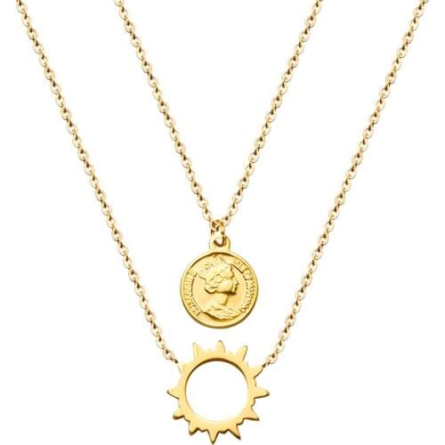 Stainless Steel Sun Pendant Necklaces For Women Multi-layered Portrait Coin Charm Clavicle Necklace Bohemian Jewelry Accessories