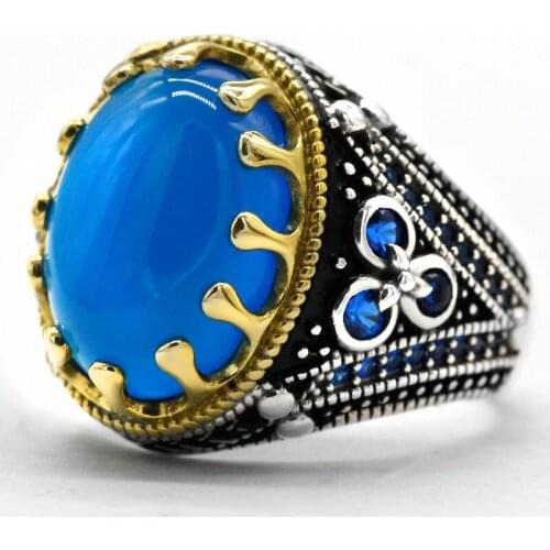 New hot sale 925 sterling silver ring Turkish jewelry blue agate stone ring mens ring unisex vintage ring high jewelry