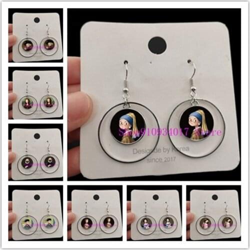 New Van Gogh Art Oil Painting Round Glass Earrings Jewelry Creative Cartoon Series Van Gogh Round Glass Girl Earrings