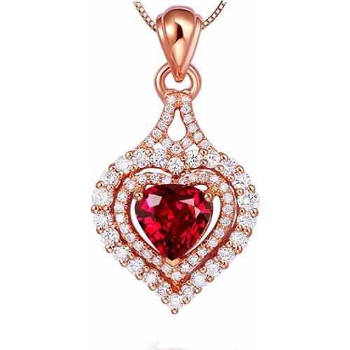 Classical Love Heart Red Crystal Ruby Gemstones Diamonds Pendant Necklaces For Women Rose Gold Color Choker Jewelry Bijoux Gifts