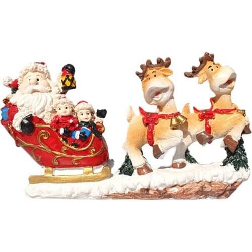 68UE Christmas Santa Claus in Sleigh with Reindeer Statues Resin Ornament Winter Village Scene Figurine Xmas Decoration