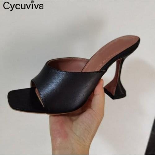 Black Cup Heel Women Slippers Peep Toe Leather Ladies Slides Brand Runway High Heels Party Dress Summer Women Sandalias Mujer