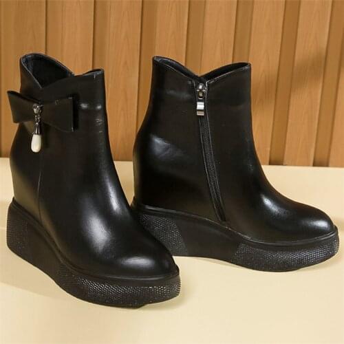 Winter Pumps Shoes Women Genuine Leather Wedges High Heel Ankle Boots Female High Top Round Toe Fashion Sneakers Casual Shoes