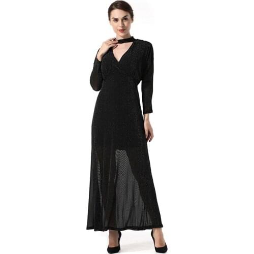 YSMILE Y Women Fashion Shine Slim Dress Female Sexy V-Neck Long Party Straight Dress Lady Black Wine Red Solid Women Clothes