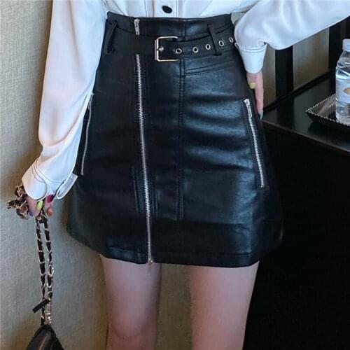 WWENN 4XL PU Leather A Line Skirt Women Belt Zipper High Waist Womens Mini Skirts Black 2021Autumn Spring Fashion Bottoms