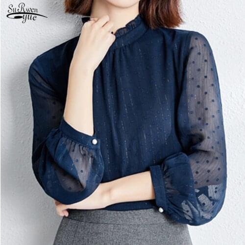 2021 Autumn Bright Silk Thread Lady Shirt Lace Collar Long-sleeved Blouse Women Comfort Blue Chiffon Blouse Blusas Mujer15810