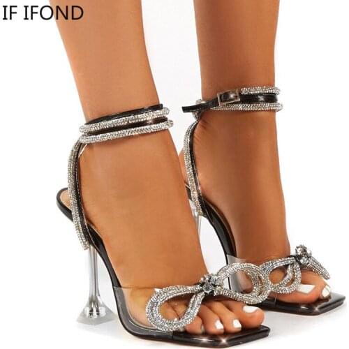 IF IFOND Fashion Bow Crystal Sandals Women Transparent PVC Ankle Strap High Heel Pumps Woman Sexy Square Toe Ladies Dress Shoes