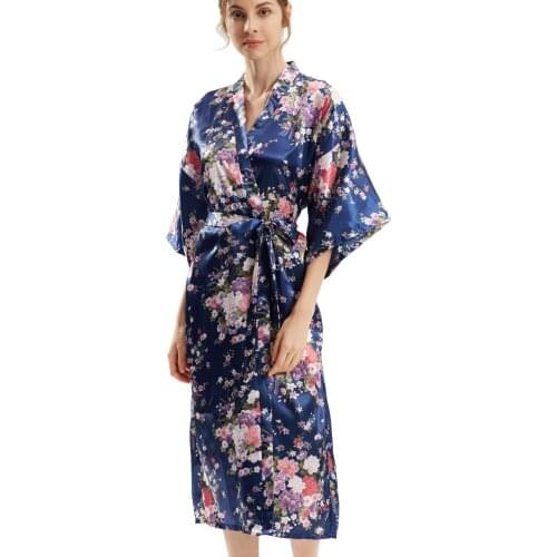 Womens Floral Long Robes Silky Navy Cherry Satin Kimono Bridesmaid Bride Party Lightweight Sexy Nightgown Sleepwear