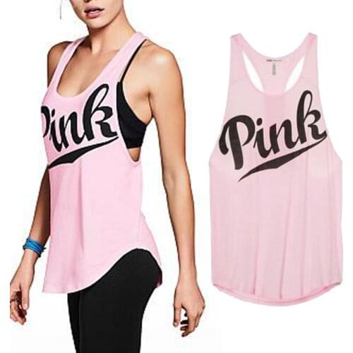 Women Pink Vest Sports Fitness Stretch Workout Sleeveless Tank Tops Summer Casual Loose Pink Love Letter