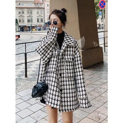 Korean Student Loose Houndstooth Woolen Fabric Coat Winter Coat Women Plus Size New Womens Autumn and Winter Style