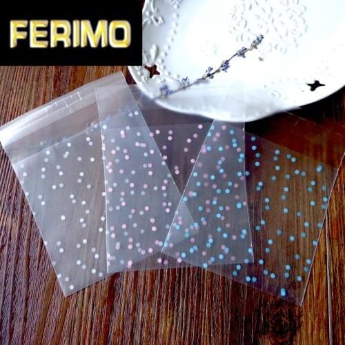 100pcs Polka Dots Frosted Plastic Bag White Blue Pink Self-adhesive Cookies Clear Cellophane Candy Bags Party Wedding Gifts Bag