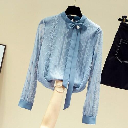 Long Sleeve Blouse Women Bow Stand Collar Blue Lace Blouse Shirt Tops Women Blusas Mujer De Moda 2021 Women Clothing Blusa D921