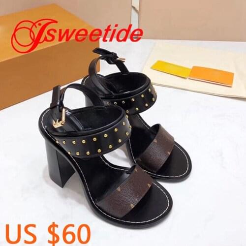 Fashion High Quality Rivets Ladies Sandals Gladiator Buckle Strap Woman Thick heel Brand Genuine Leather Summer Sandals