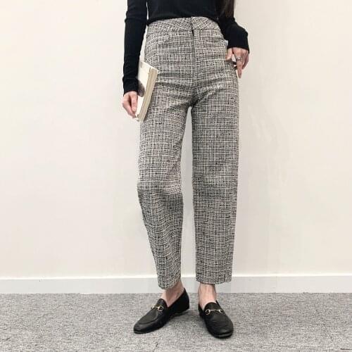 Totem* women spring autumn season cotton linen straight leg pants classic casual plaid loose style trousers