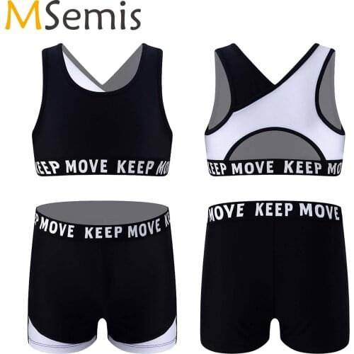 Kids Girls' Letters Print Strappy Top Bra with Shorts Set Hollow Back Ballet Dance Workout Sport Gymnastics Leotard Outfit Set