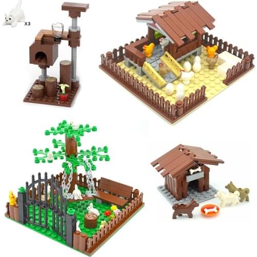DIY Pig Farm Chicken Coop Blocks Toys For Kids Compatible MOC Animal Garden Plants Cat Climbing Scenes Children Birthday Gifts