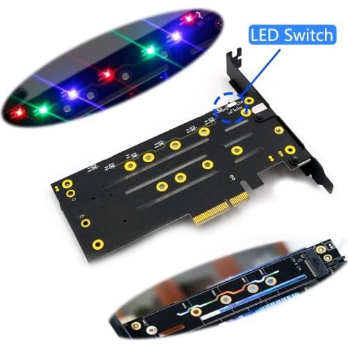 Dual M.2 PCIE Adapter for SATA or PCIE NVMe SSD with yellow HeatSink and LED Solution,M.2 SSD NVME (m Key) and SATA (b Key) 2211