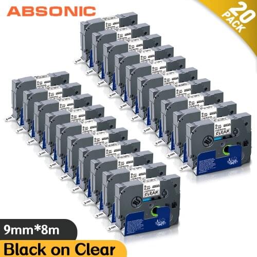 Absonic 20PK 9mm Tze121 Black on Clear Laminated Label Tape Cassette Ribbon for P-touch Label Printers tze Tape Tze-121 tze 121