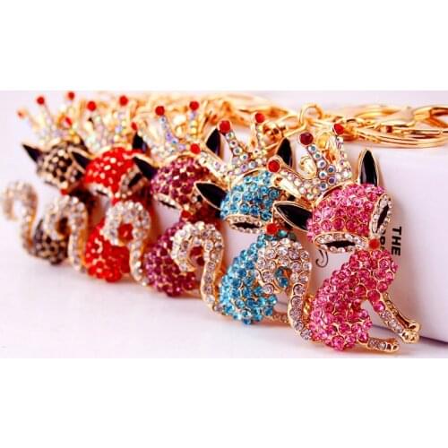 Korean-Style Creative Cute Cartoon Crystal Crown Fox Keychain Womens Bag Accessories Key Ring Metal Pendant
