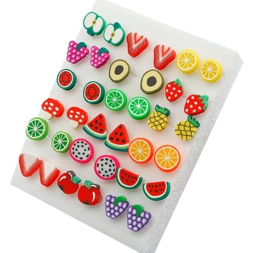 18Pair/Set Mix Color Cute Fruit Geometric Small Stud Earrings Set Huggie Jewelry Wedding Bijoux Brincos