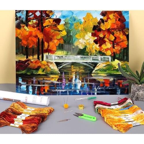 Fall Bridge Printed 11CT Cross-Stitch Complete Kit Embroidery DMC Threads Hobby Knitting Painting Handmade Home Decor Floss
