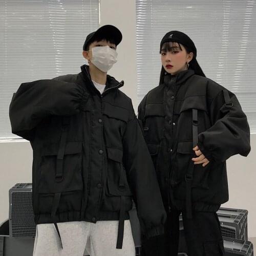 Korean Streetwear Harajuku Couple Parkas Jacket Oversized Winter Pockets Thicken Women Jackets Vintage Men Coats Casual Outwear