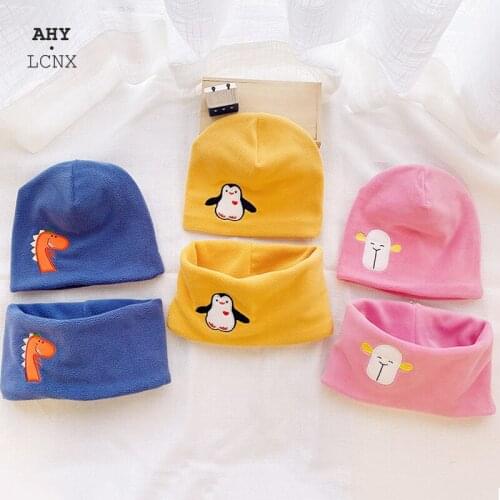 New Kids Beanie Scarf Set Plus velvet Cartoon Dinosaur Baby Warm Winter Neck Collar Boys Girls Beanies Sets Children Hats Scarf