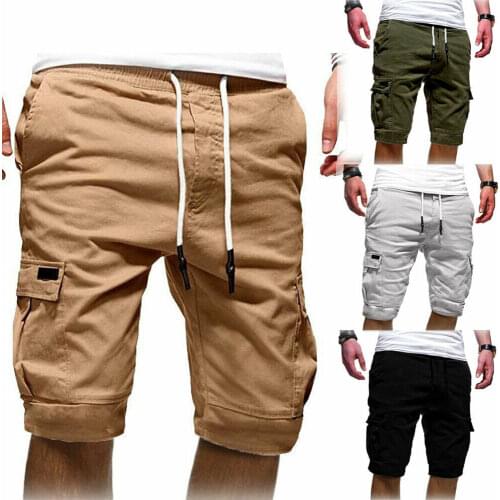 Men Pocket Shorts Slim Fit Stretch Flat Front Summer Casual Solid Color Beach Knee Length Trousers Pants
