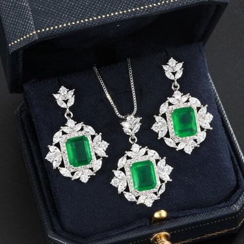 SINZRY luxury part jewelry elegant AAA green cubic zirconia vintage pendant necklace stud earring ring jewerly sets for women