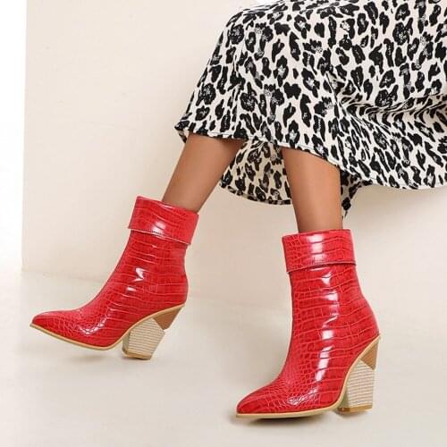 OLOMLB Womens Pointy Toe Crocodile Snake Pattern Ankle Boots Chunky High Heel Heel Shoes Warm Winter Pull On 3Colors Plus Size