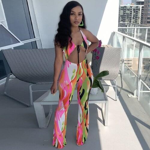 Tie Dyeing Print Patchwork Slim Rompers for Women Sexy Spaghetti Strap Drawstring Front Cut Out Wide Leg Jumpsuit Club Catsuits
